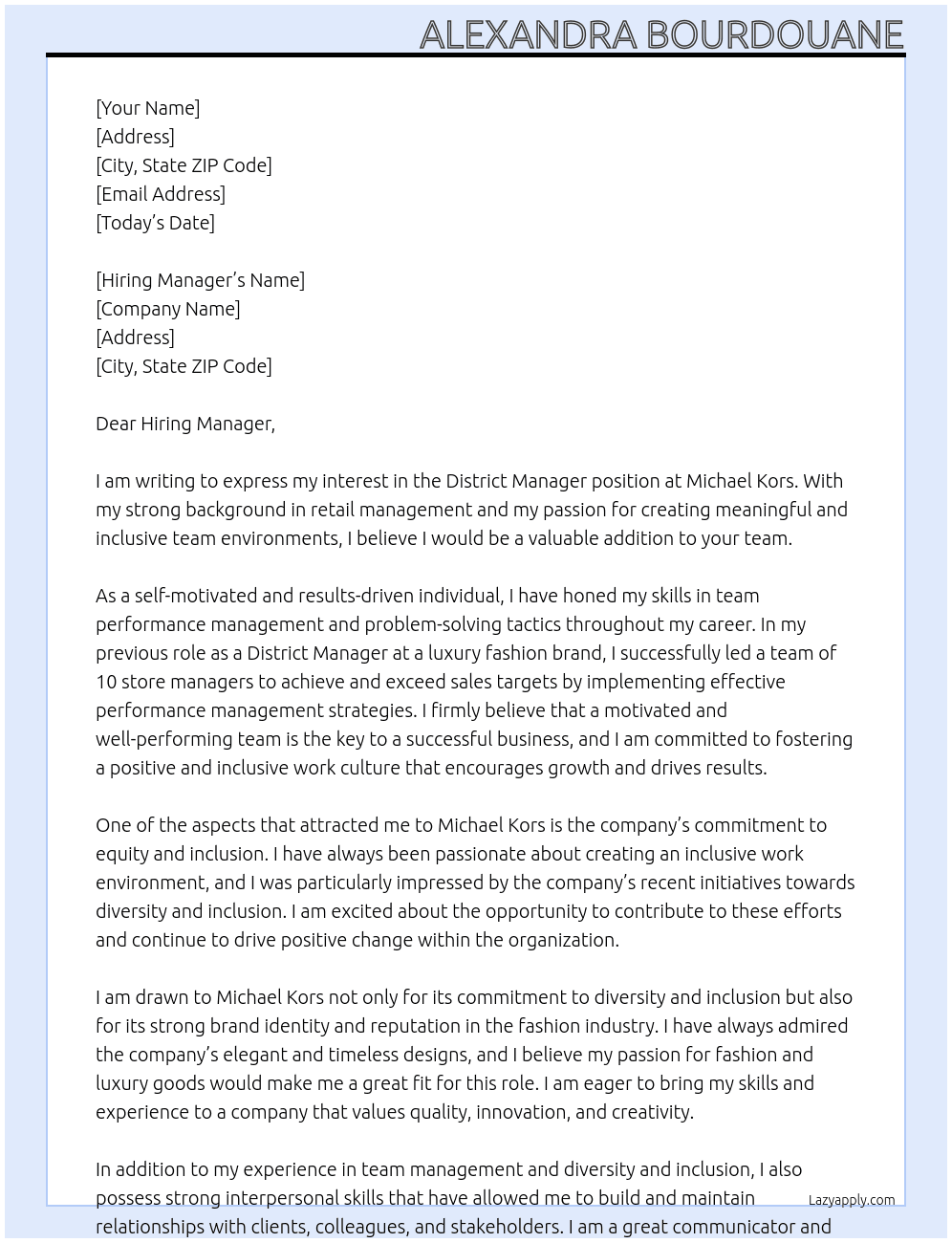 District Manager At Michael Kors Cover Letter