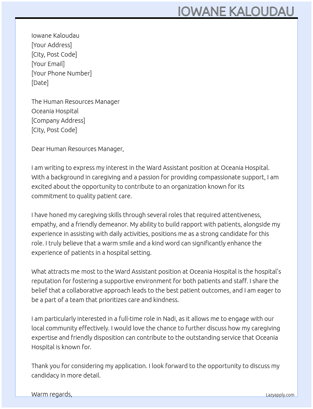 Ward Assistant  At Oceania Hospital  Cover Letter
