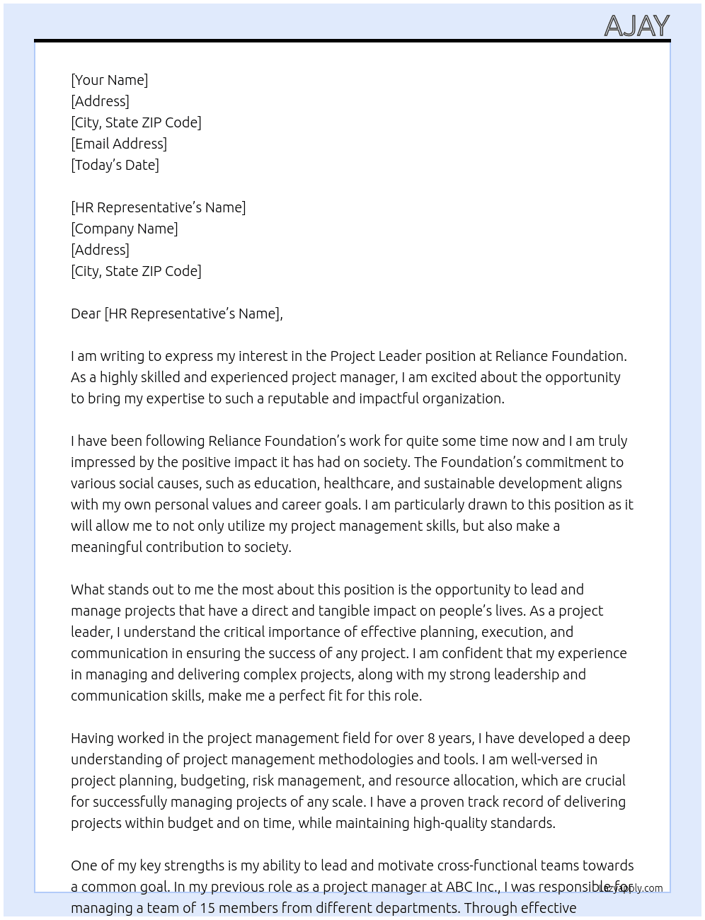 Project leader At Realince Foundation Cover Letter