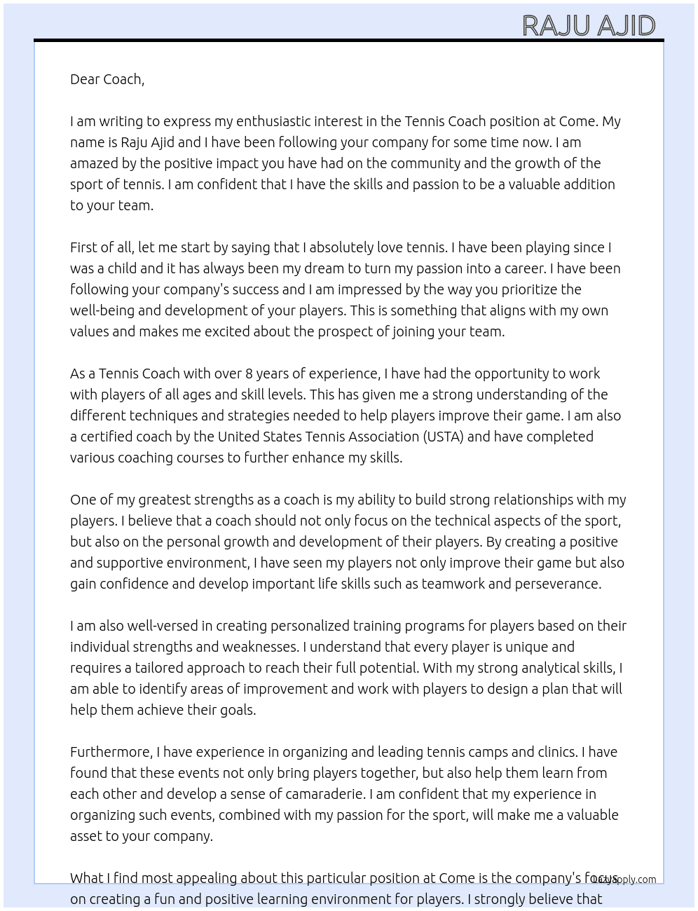 Tennis Coach  At Come  Cover Letter
