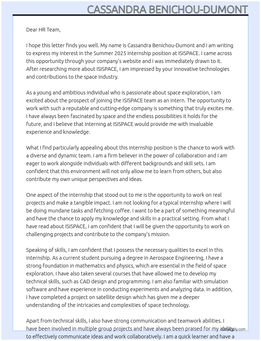 Summer 2025 Internship At ISISPACE Cover Letter