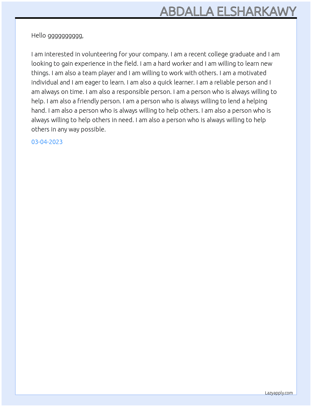volunteer  At ggggggggg Cover Letter