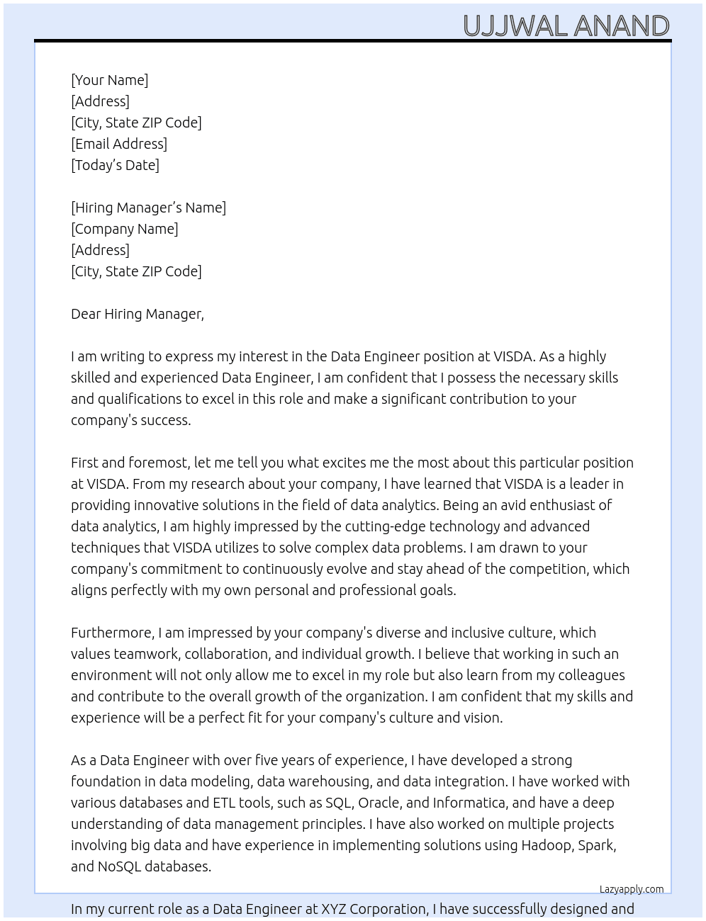 Data Engineer At VISDA Cover Letter
