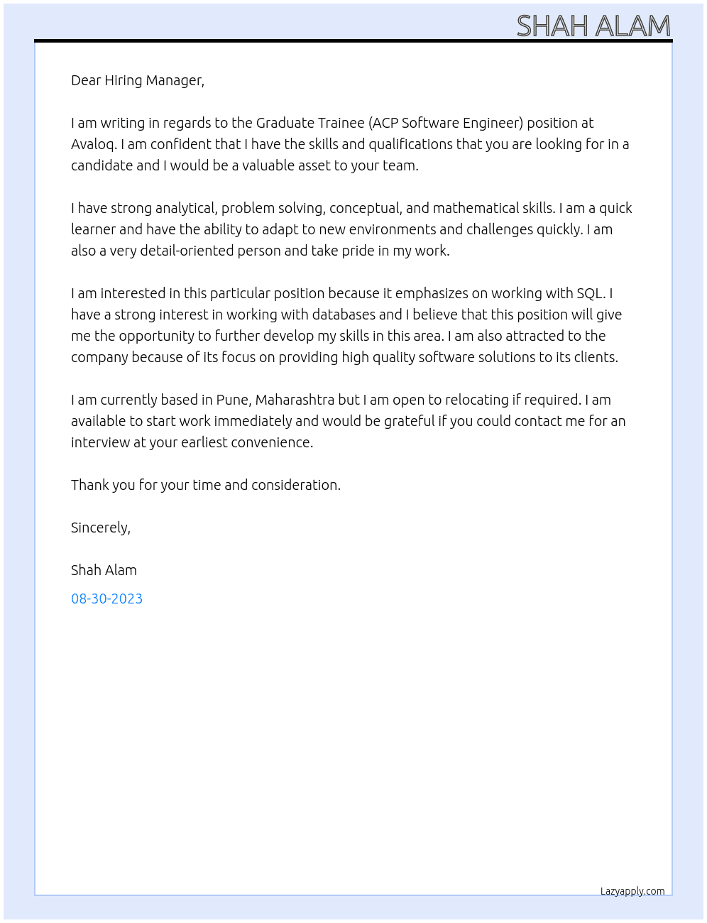 Graduate Trainee (ACP Software Engineer) At Avaloq Cover Letter