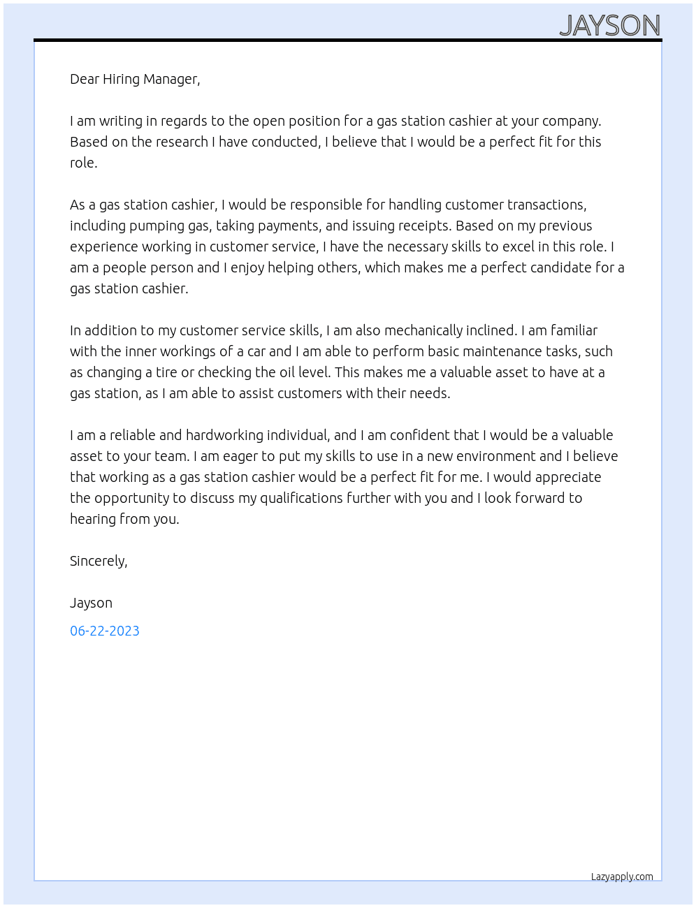gas station cashier At Cashier Cover Letter