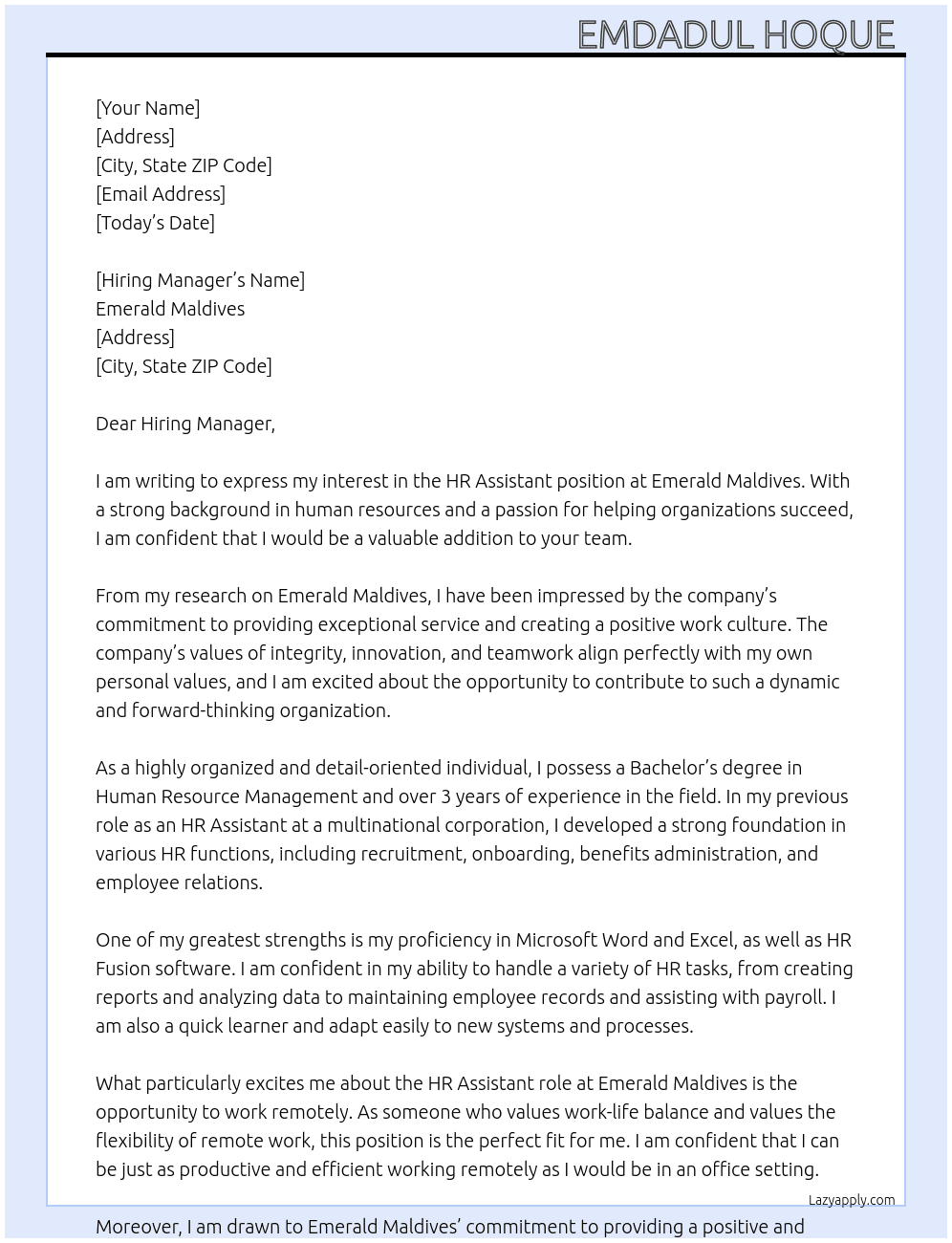 HR Assistant  At Emerald Maldives  Cover Letter