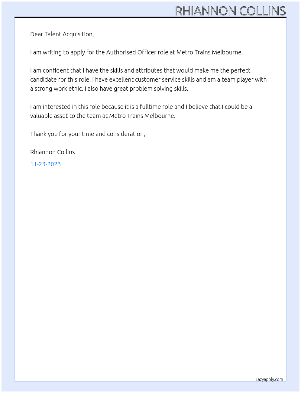 Authorised Officer At Metro Trains Melbourne Cover Letter