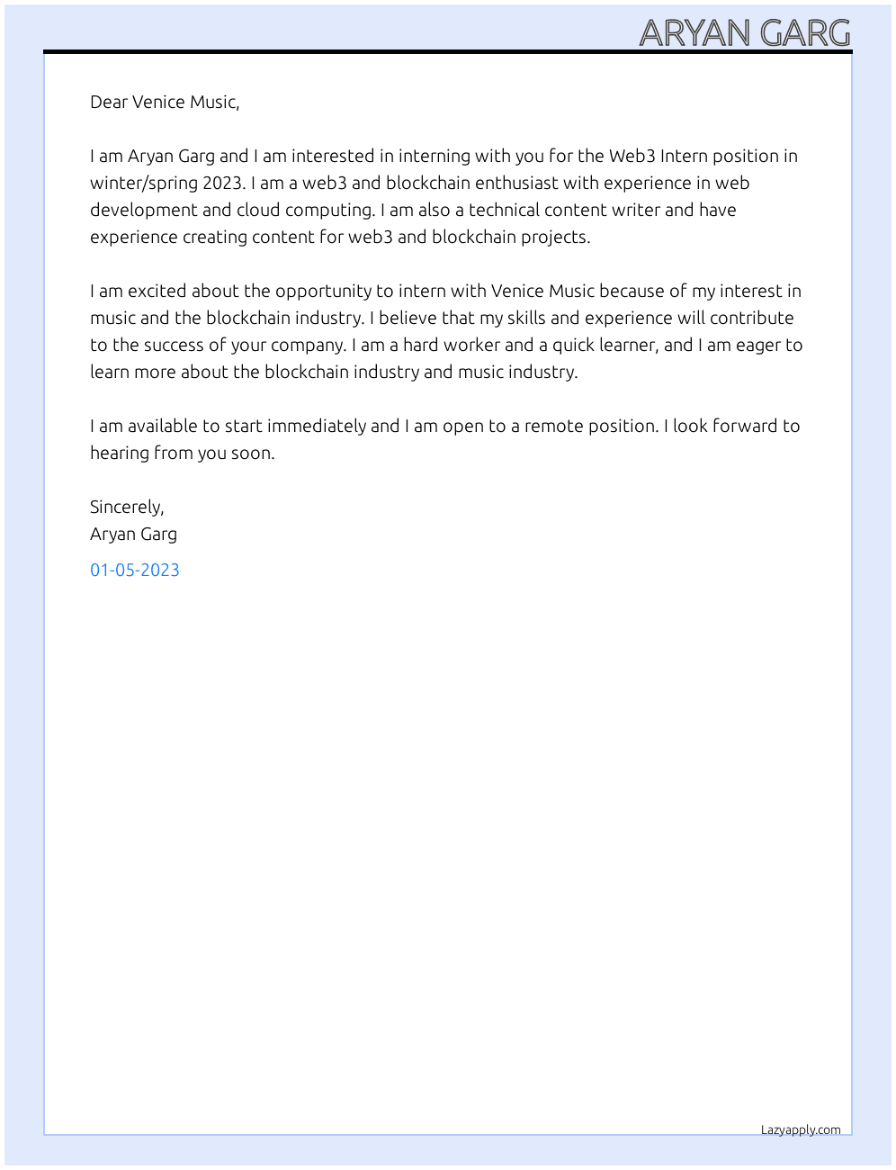 Cover letter for web3 intern winter/spring 2023 - LazyApply