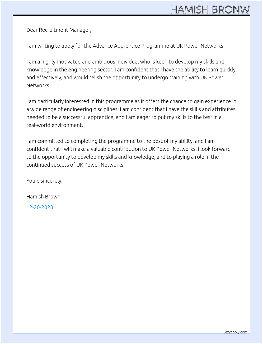 Advance Apprentice Programme At UK Power Networks Cover Letter