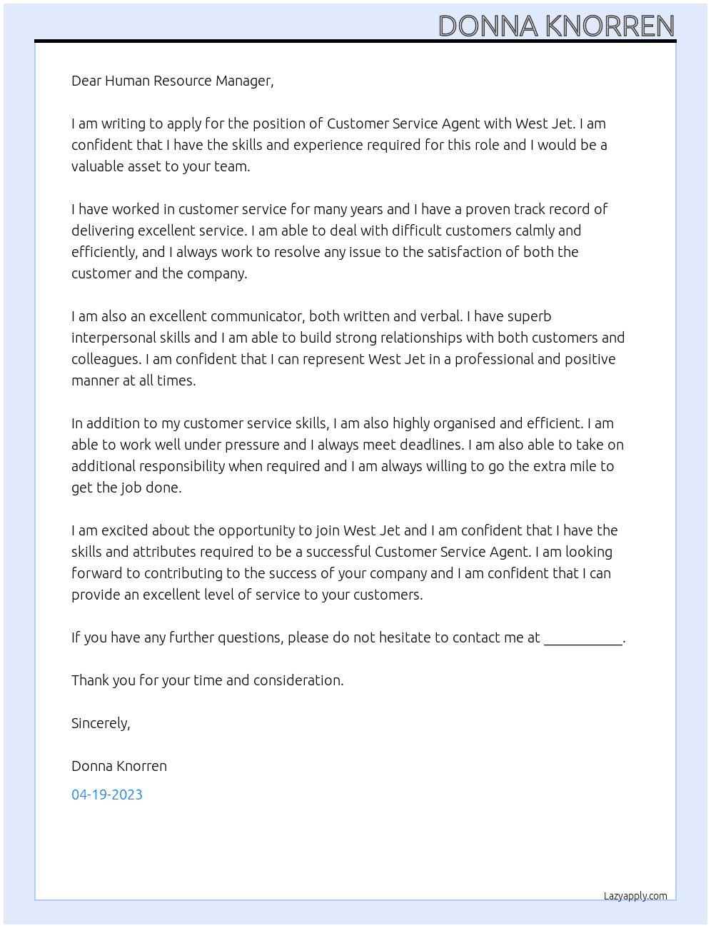Customer Service Agent At West Jet Cover Letter