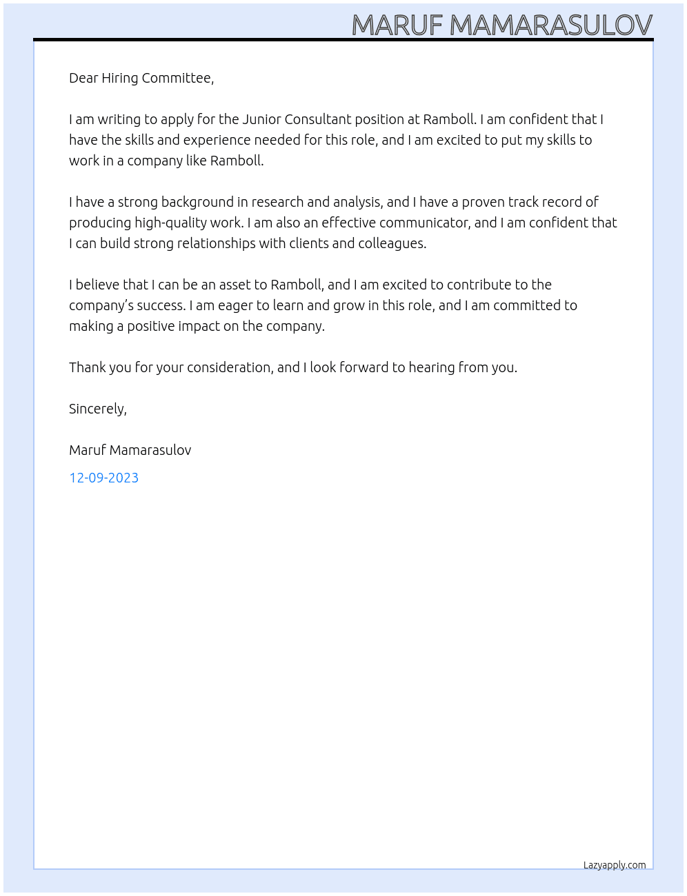 Junior Consultant At Ramboll Cover Letter