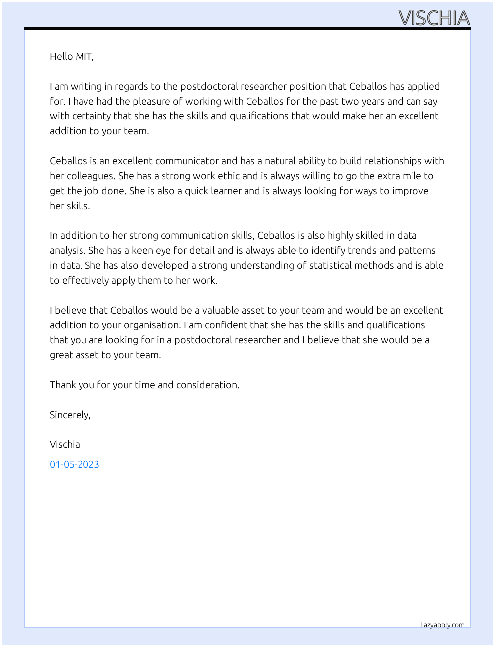 Postdoctoral researcher At MIT Cover Letter