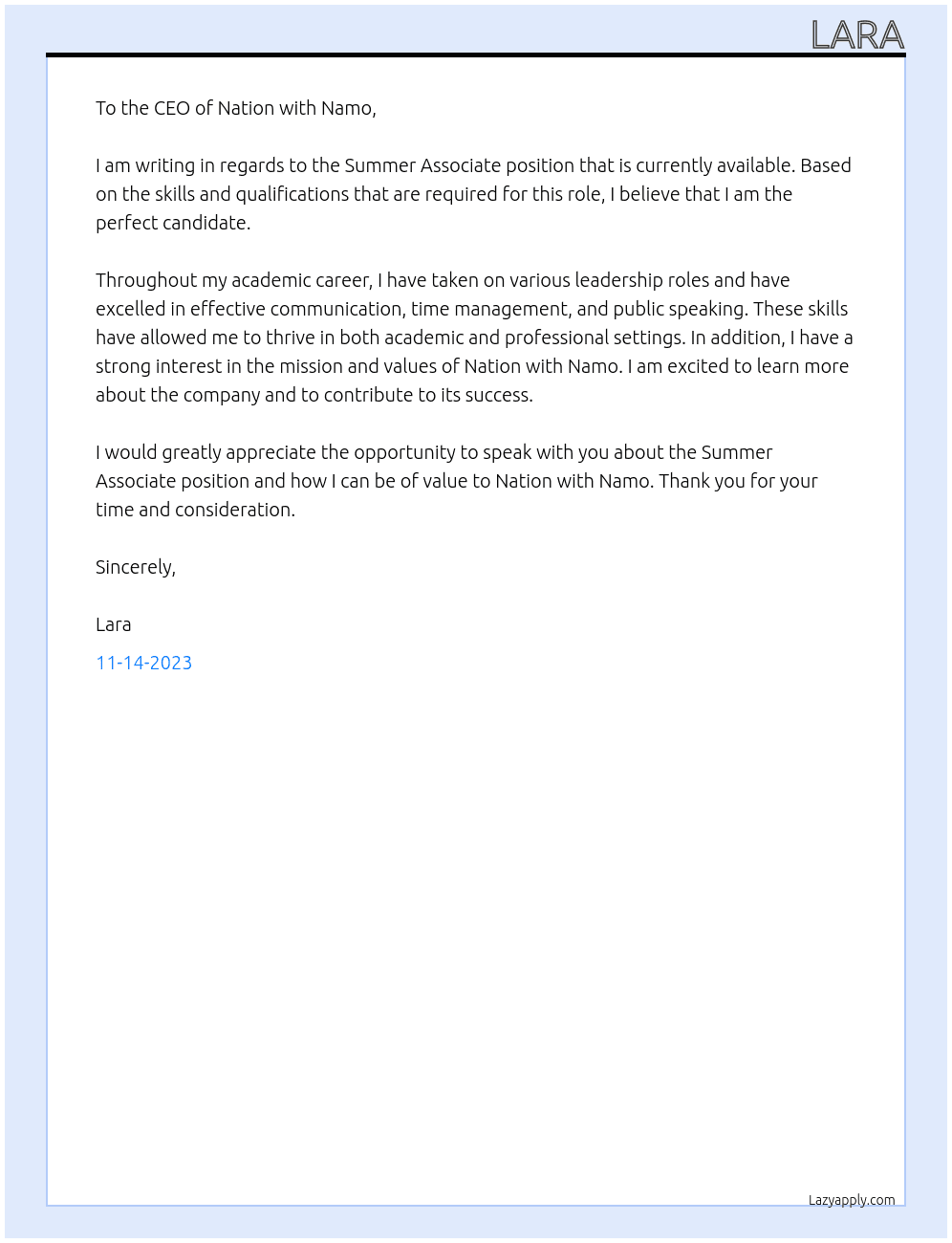 Summer associate At Nation with Namo  Cover Letter