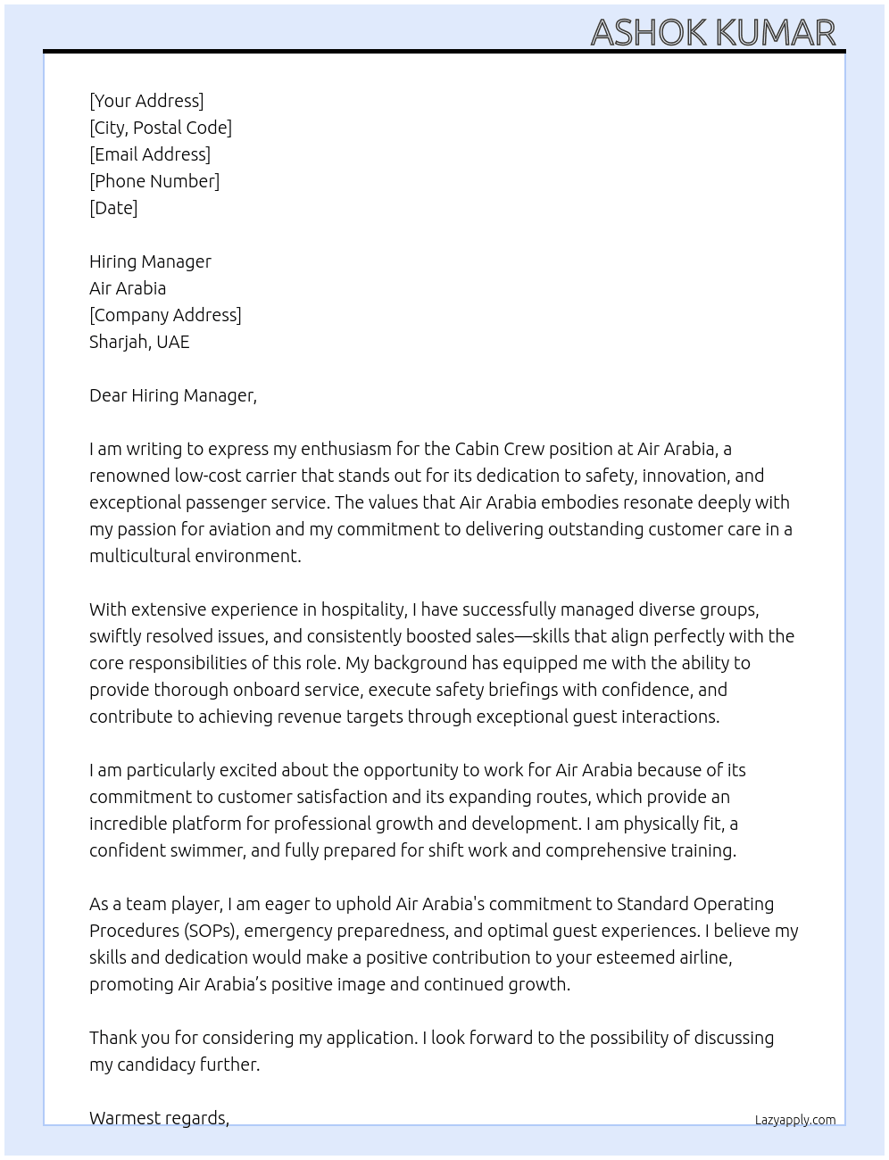 Cabin crew  At Air Arabia  Cover Letter