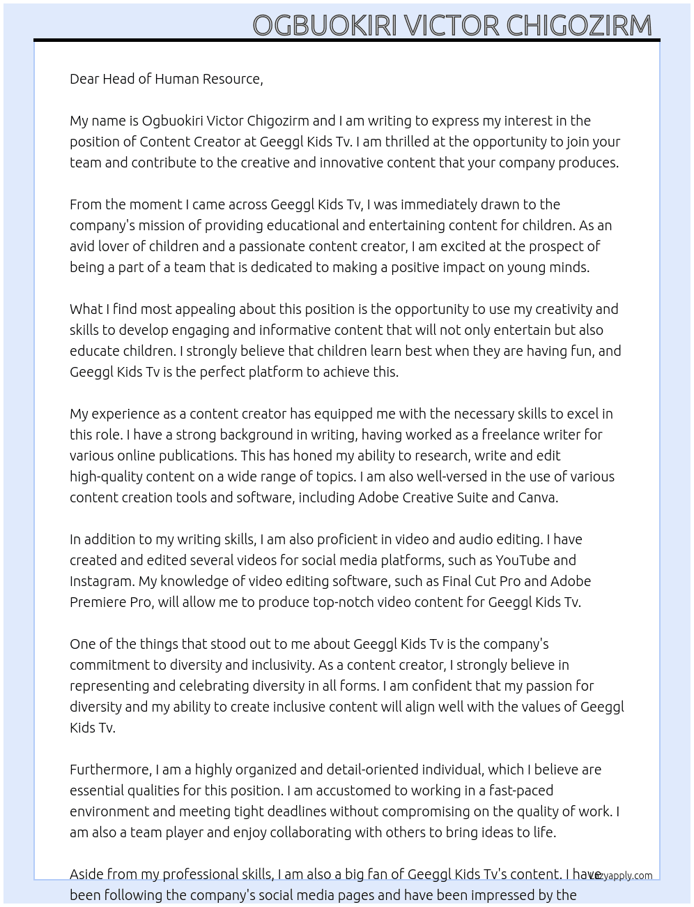 Content Creator  At Geeggl Kids Tv Cover Letter