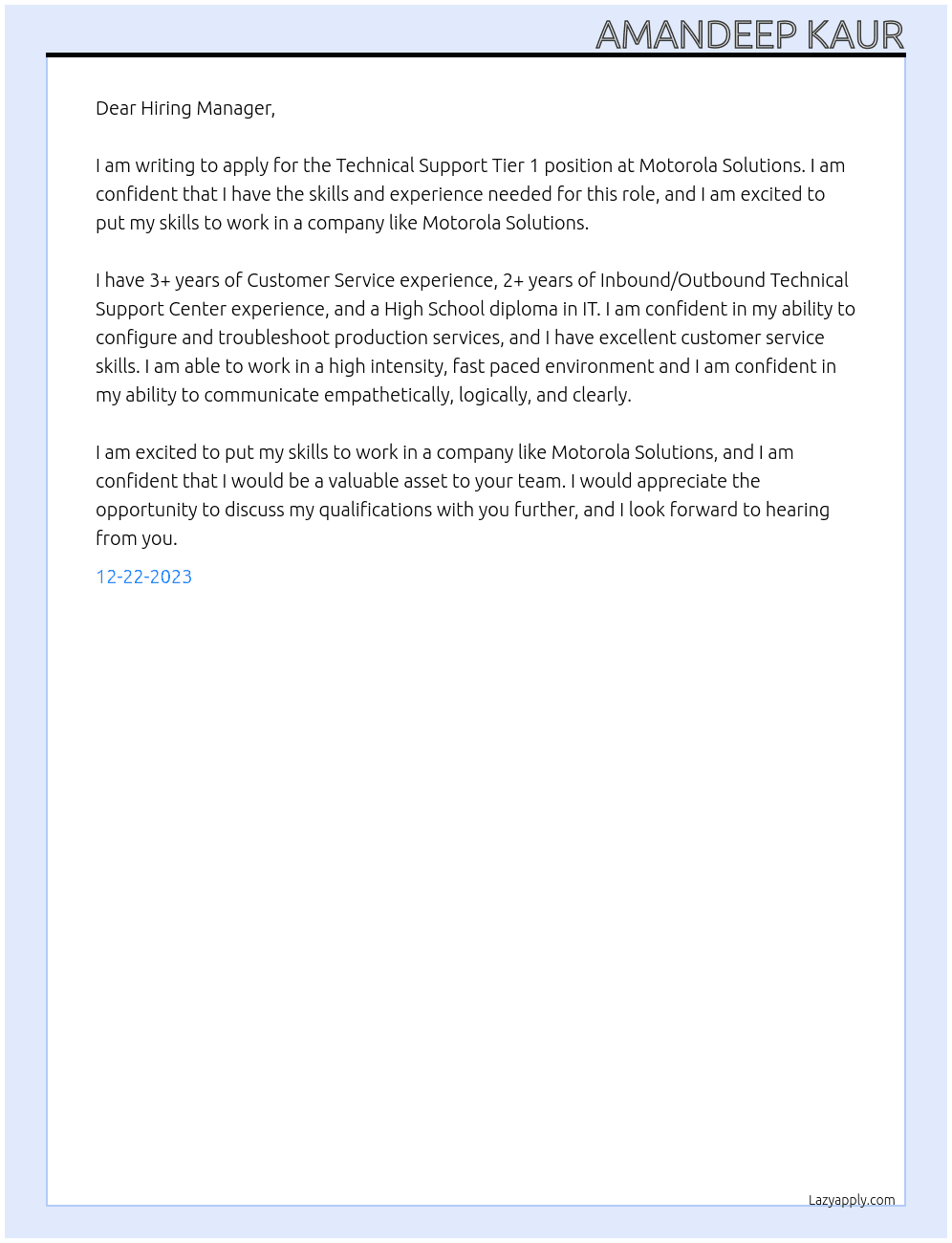Technical support Tier 1 At Motorola Solutions Cover Letter
