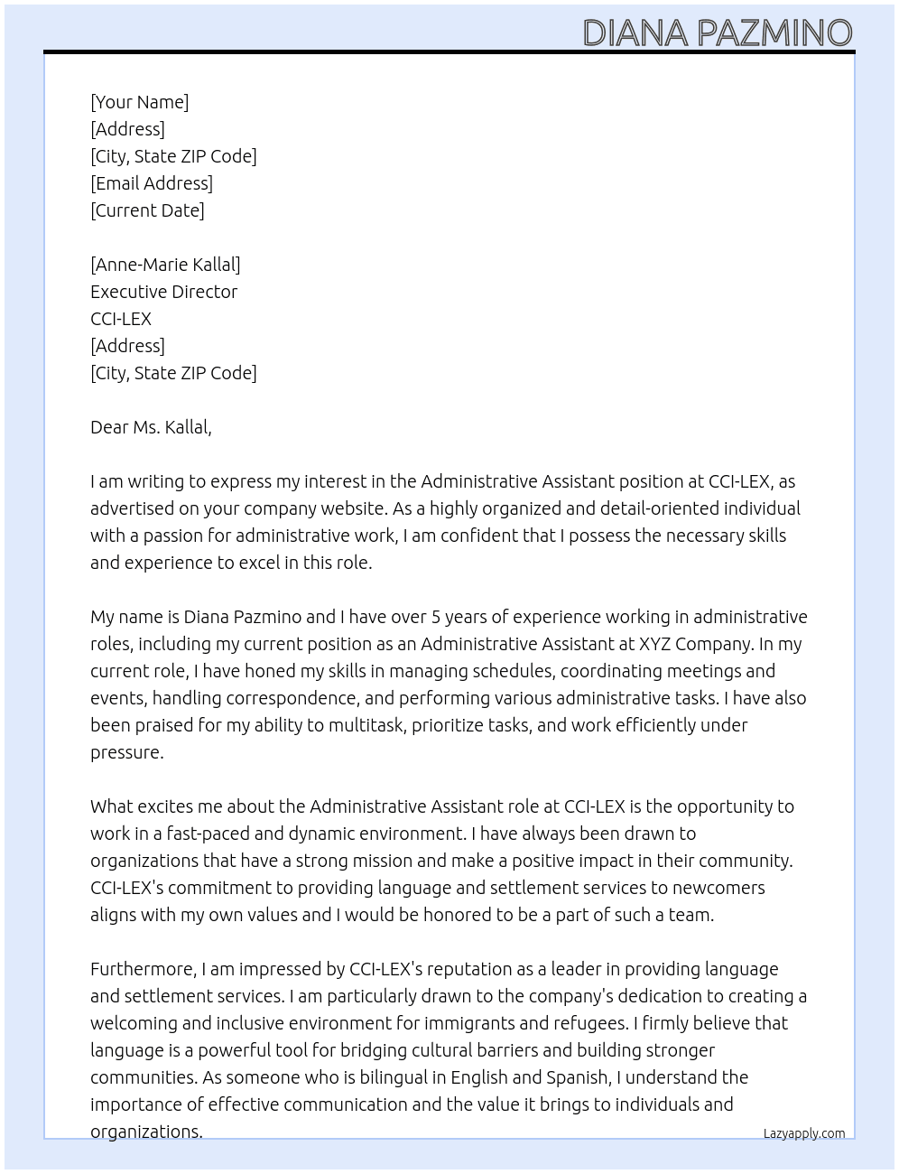 Administrative Assistant At CCI-LEX Cover Letter