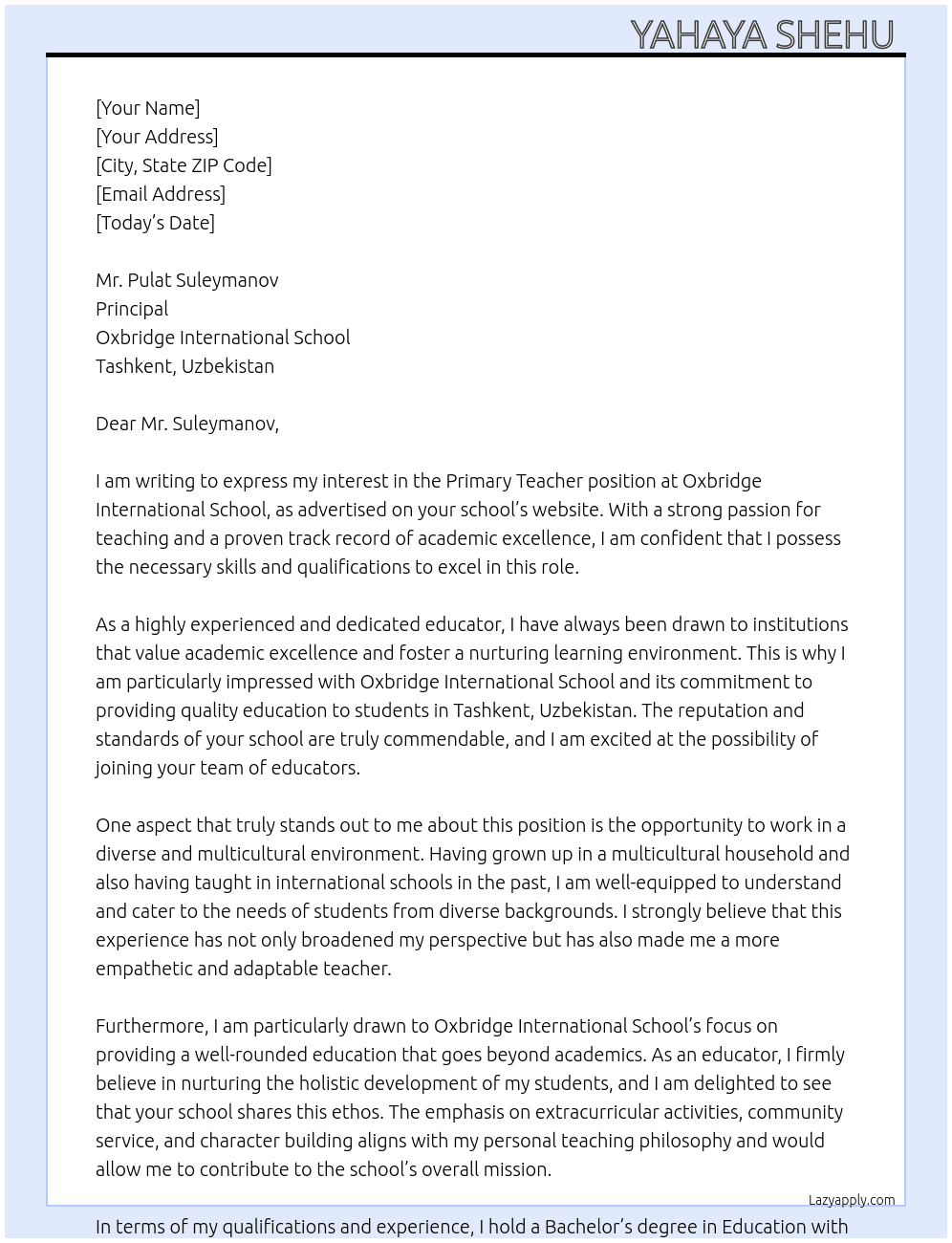Primary Teacher  At Oxbridge international school  Cover Letter