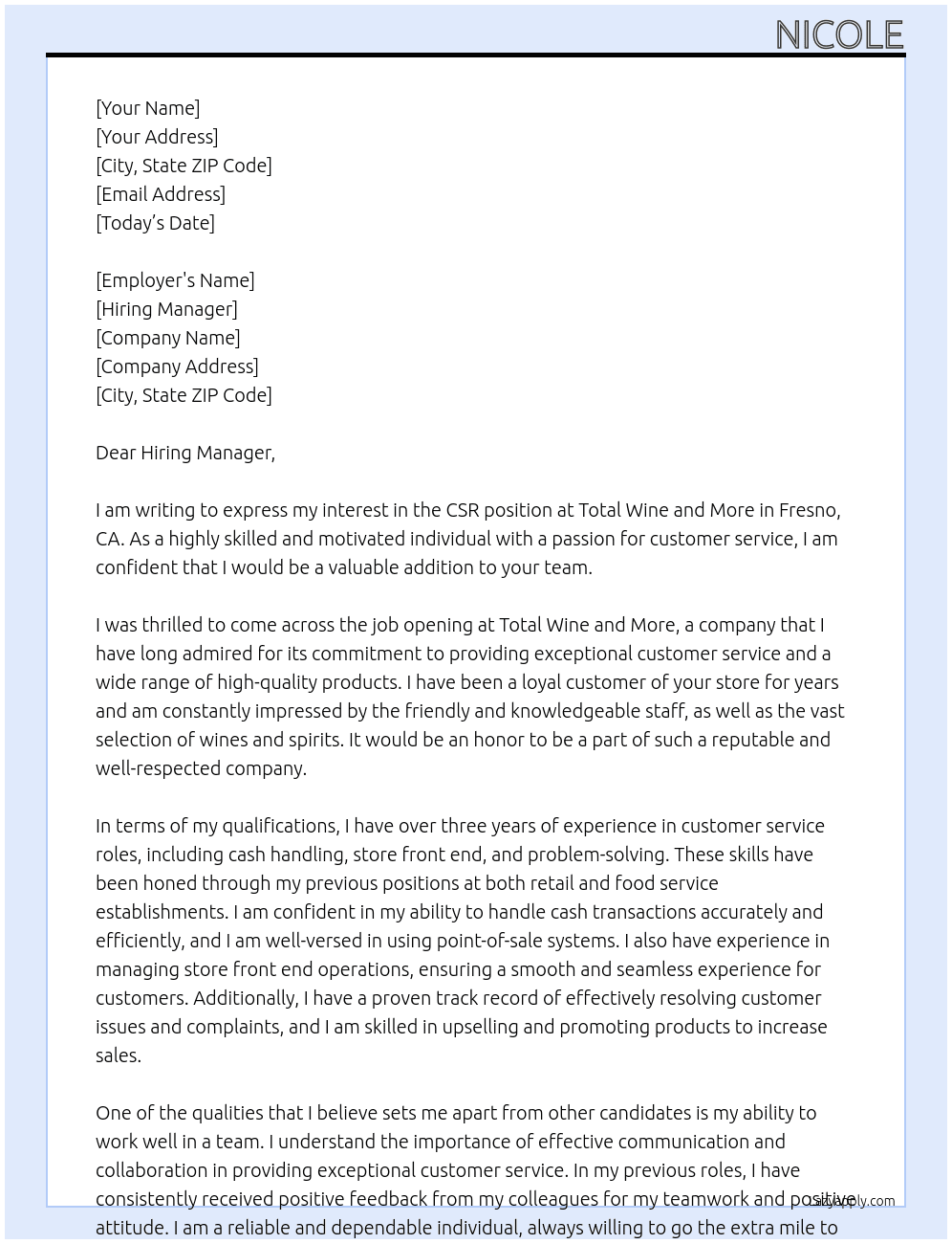 CSR At Total wine and more Cover Letter