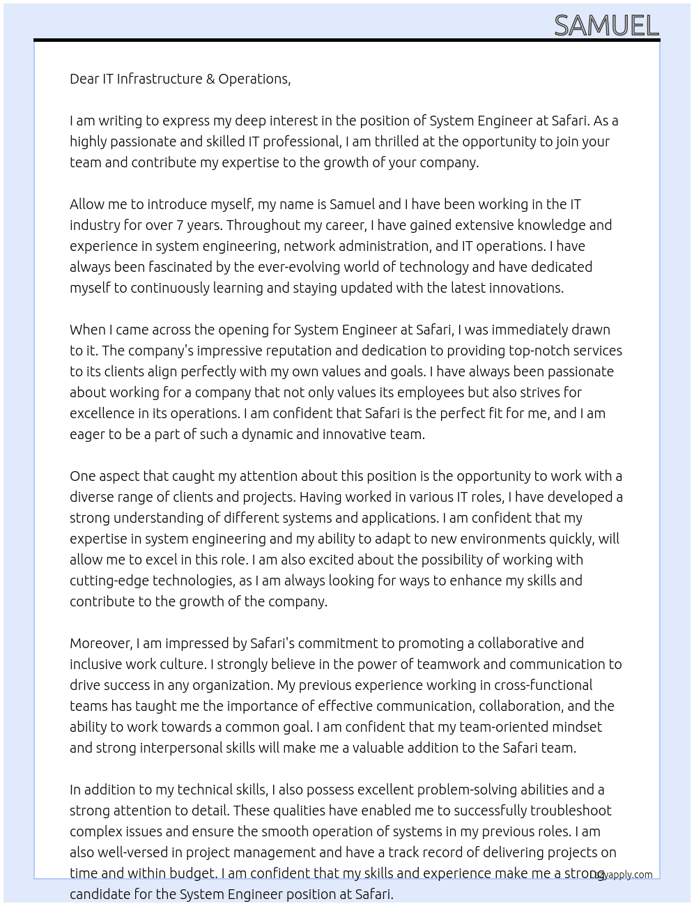 System Engineer At Safari Cover Letter
