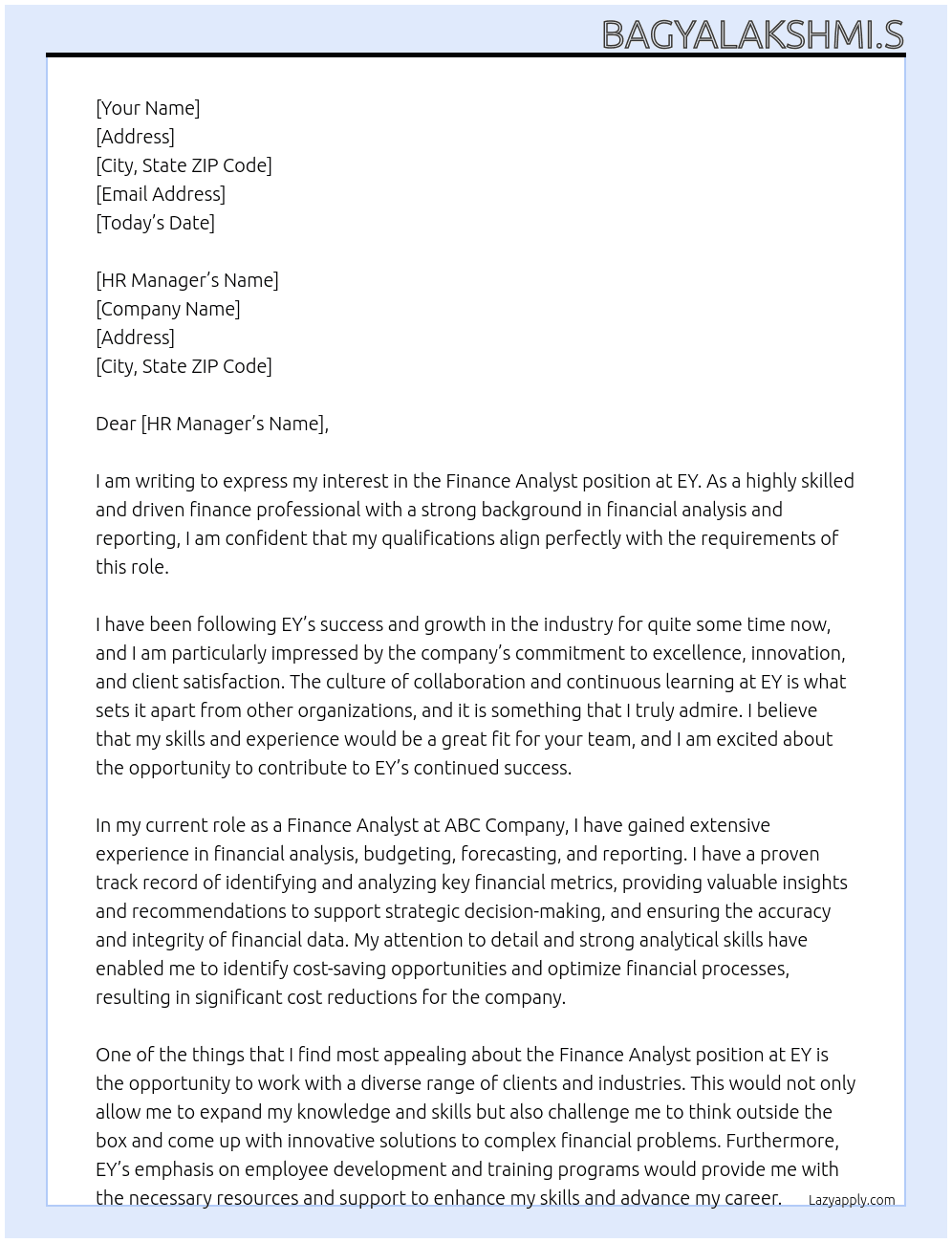 Finance Analyst At EY Cover Letter