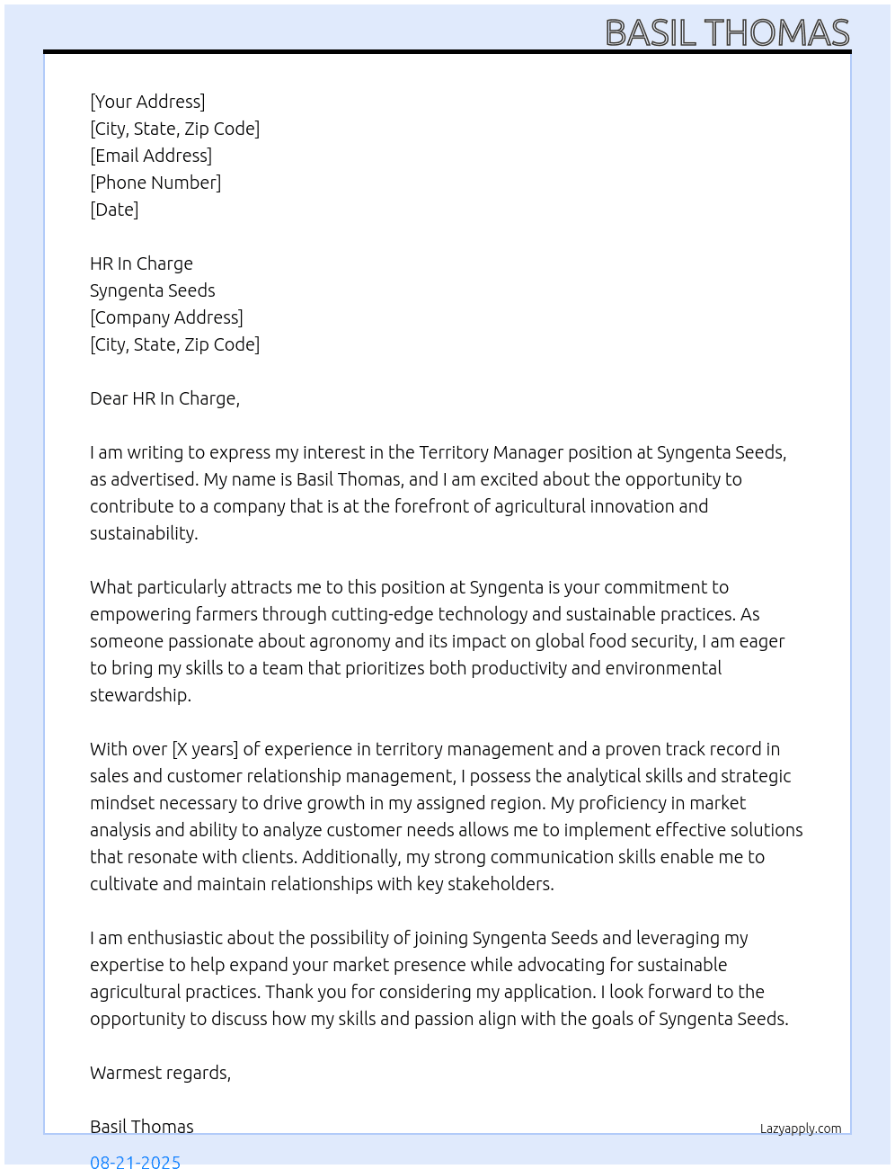 TERRITORY MANAGER At SYNGENTA SEEDS Cover Letter