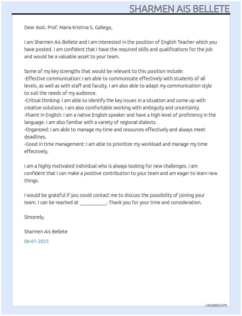 English Teacher  At University of the Philippines  Cover Letter
