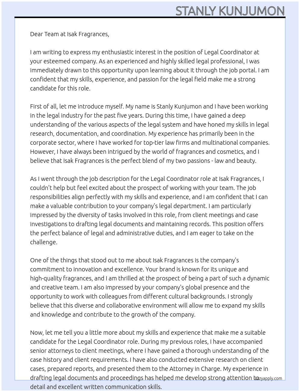 Legal coordinator At Isak fragrances Cover Letter