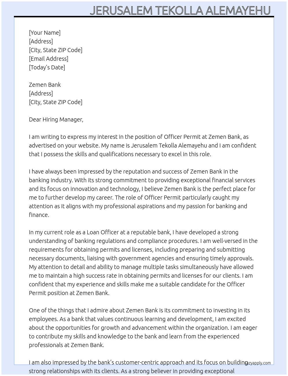 Officer Permit  At Zemen Bank  Cover Letter