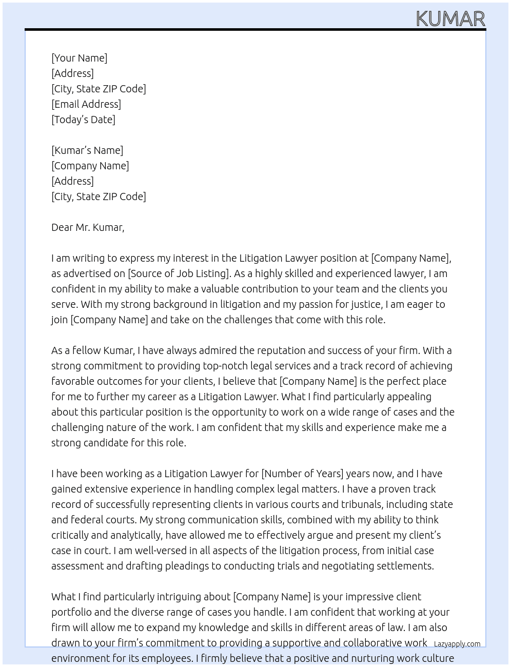 Litigation Lawyer At kumar Cover Letter