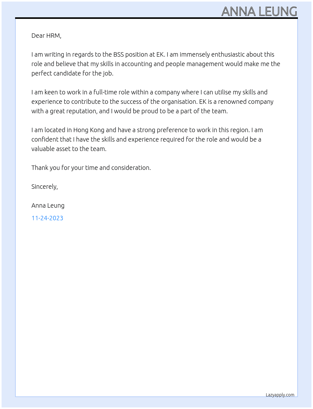 BSS At EK Cover Letter