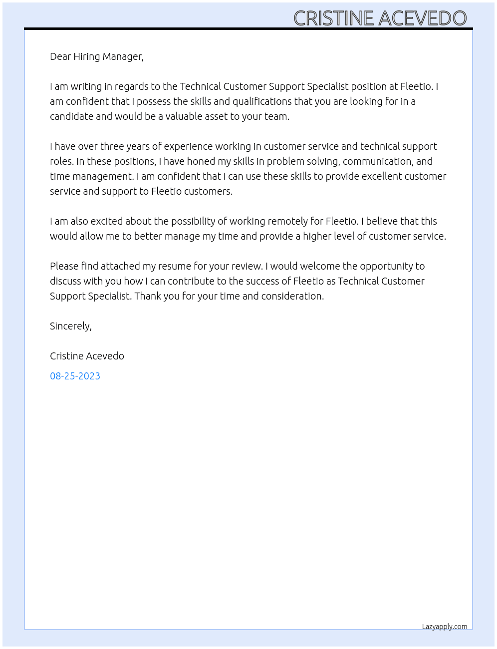 Technical customer support specialist  At Fleetio Cover Letter