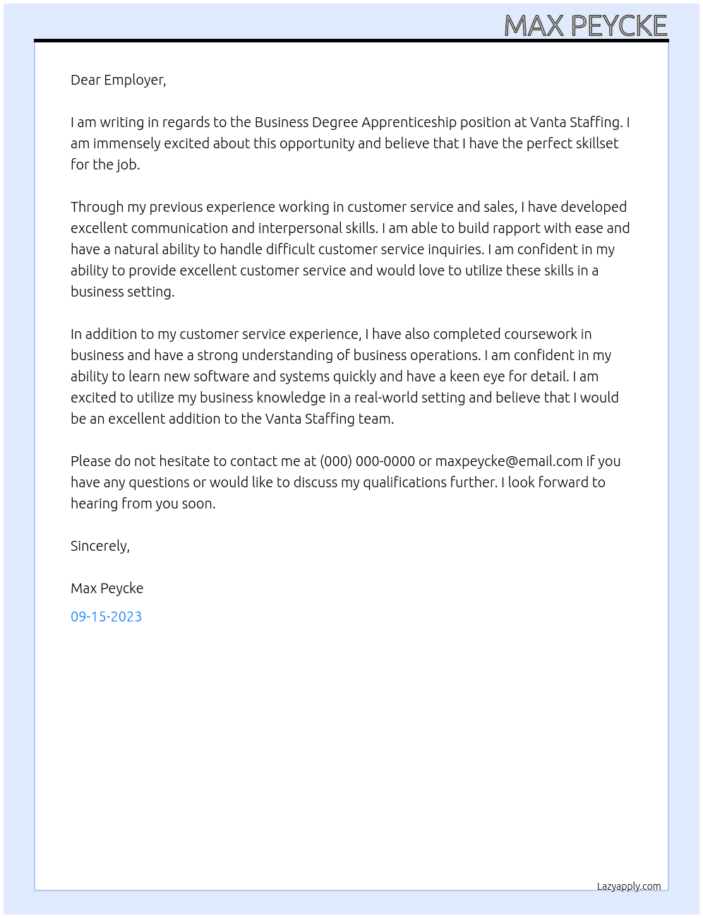 Business Degree Apprenticeship At Vanta Staffing Cover Letter