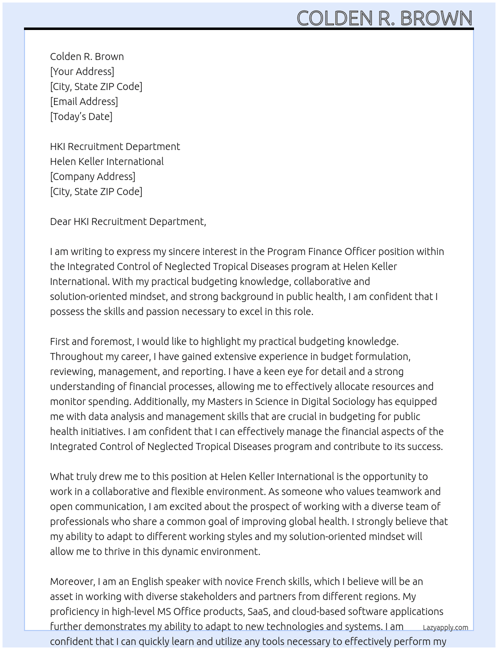 Program Finance Officer, Integrated Control of Neglected Tropical Diseases At Helen Keller  Cover Letter