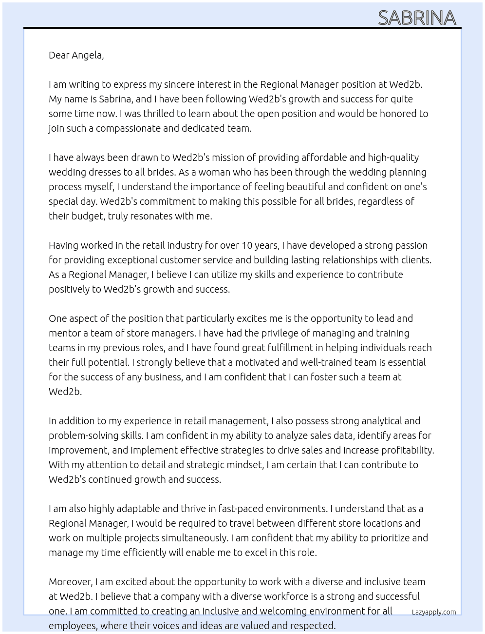 Regional manager  At Wed2b Cover Letter