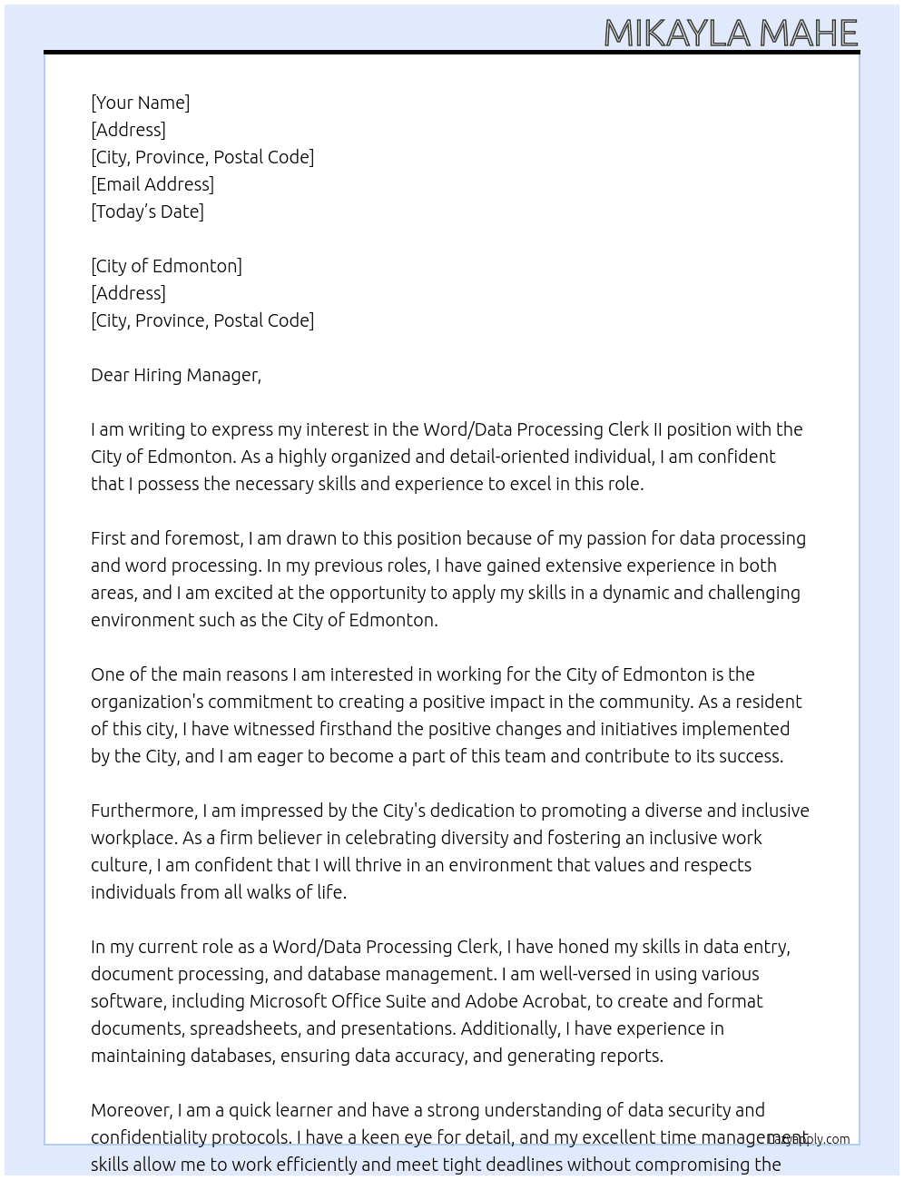 Word/Data Processing Clerk II At City of Edmonton Cover Letter