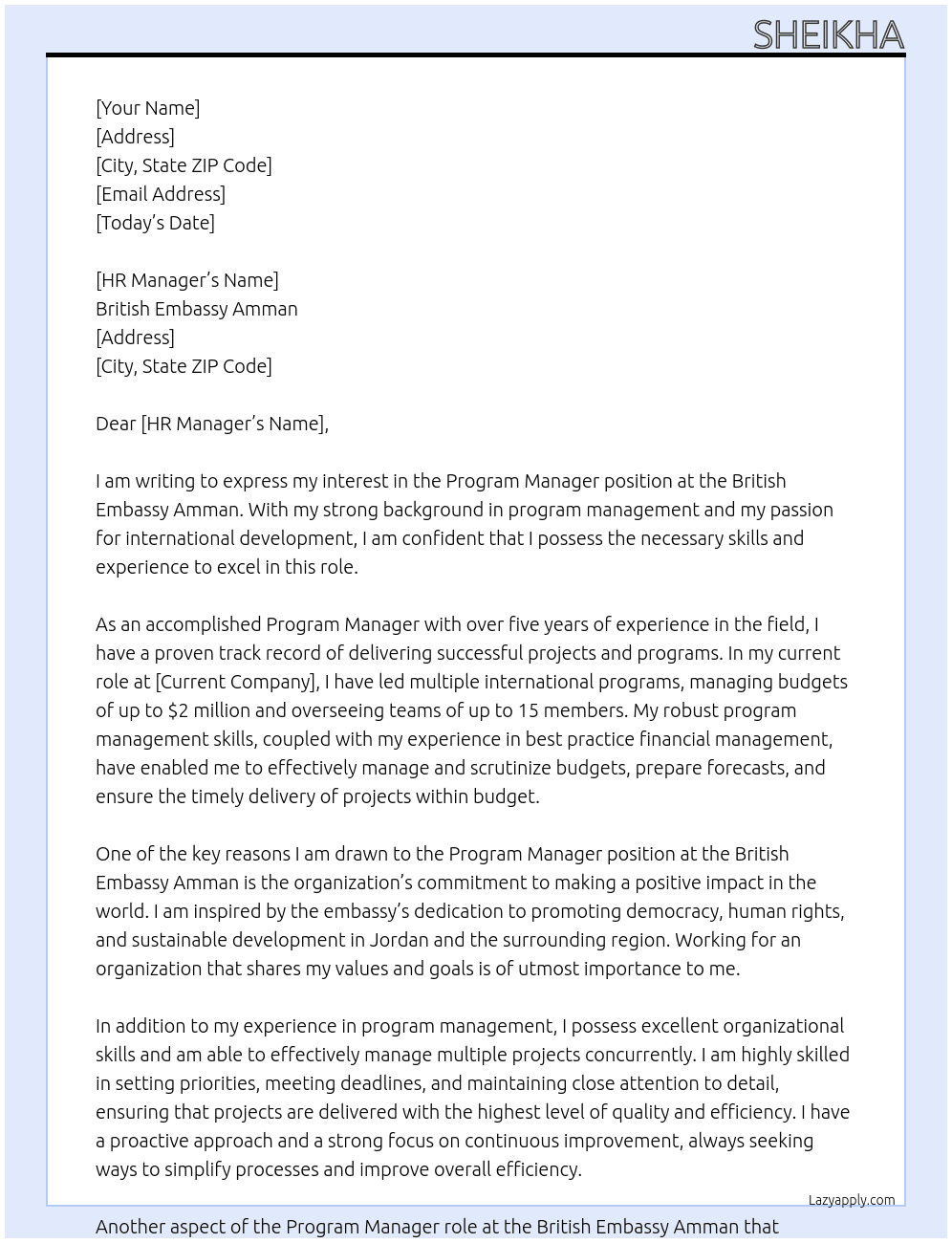 Program manager  At British embassy Amman Cover Letter