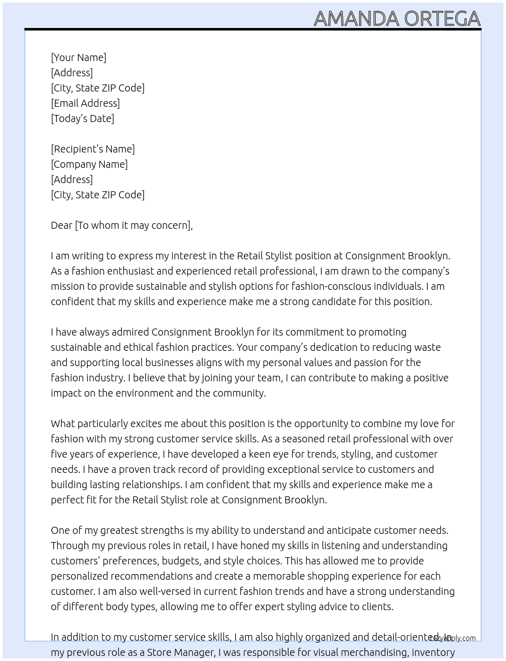 Retail Stylist At Consignment Brooklyn Cover Letter