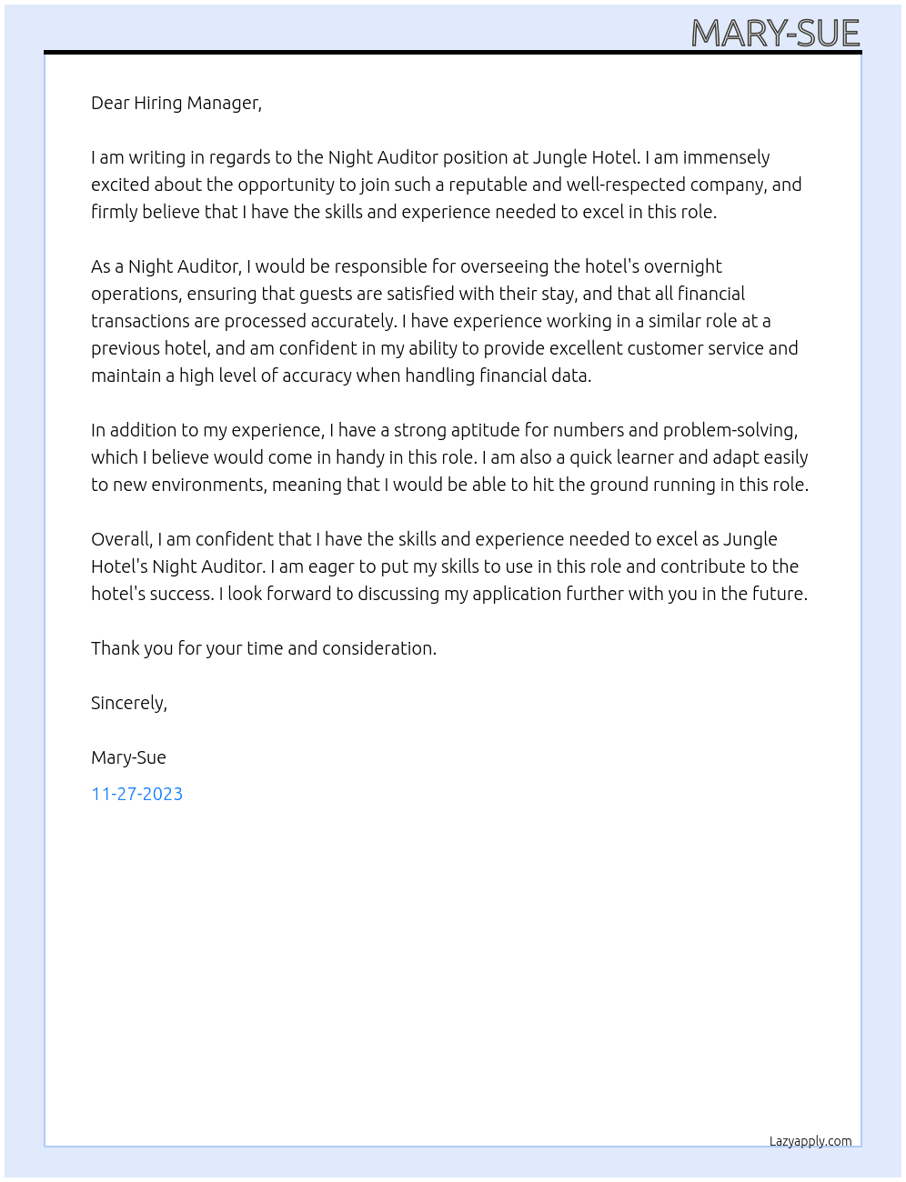 Night Auditor At Jungle Hotel Cover Letter