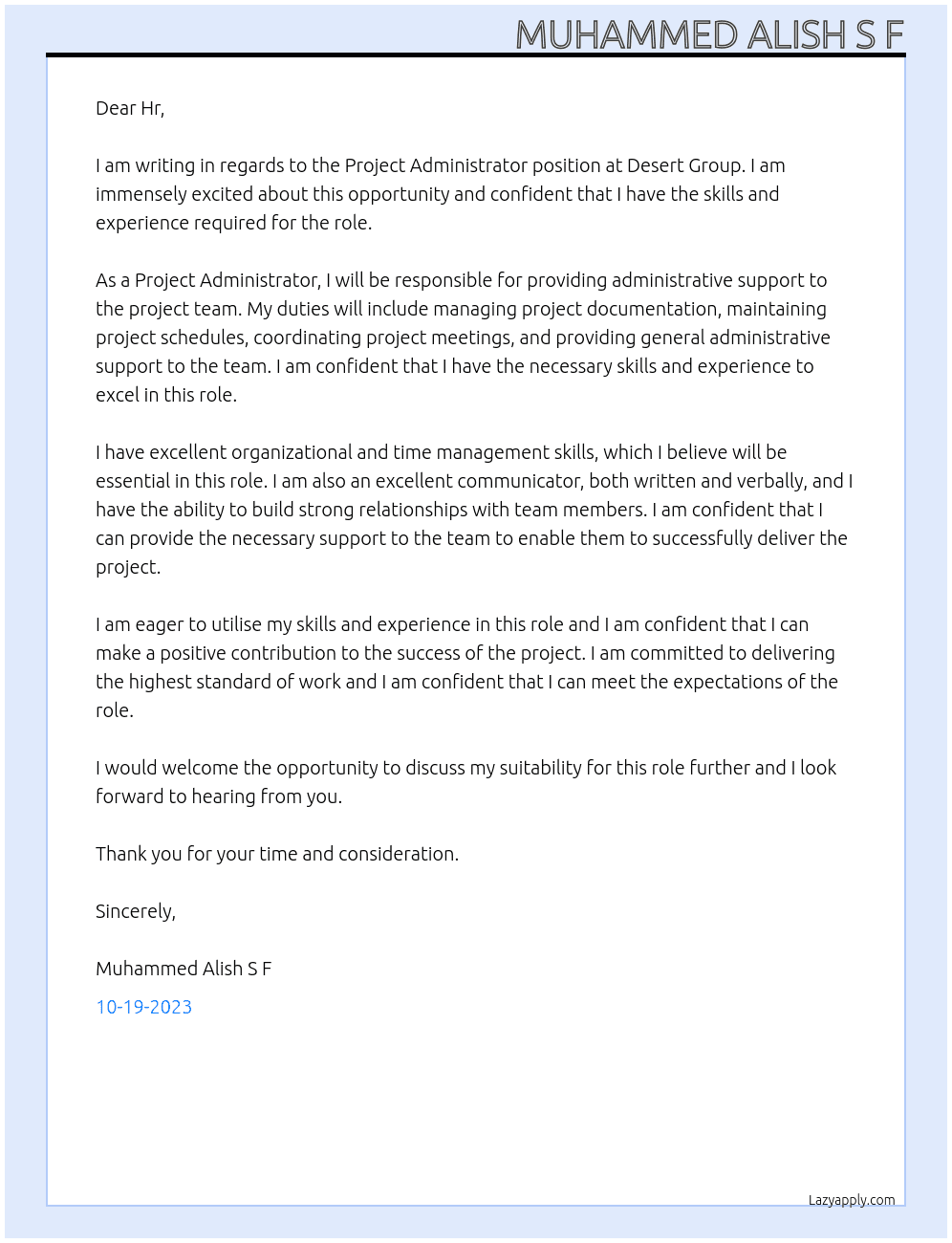 Project Administrator  At Desert Group  Cover Letter