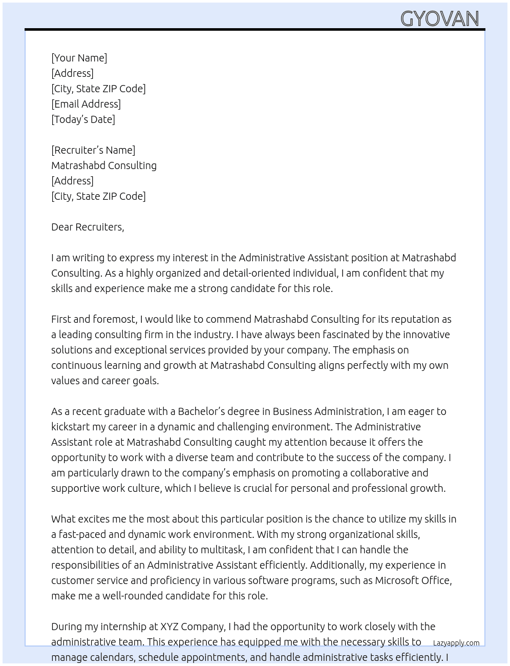 Admistrative Assistant  At Matrashabd Consulting Cover Letter