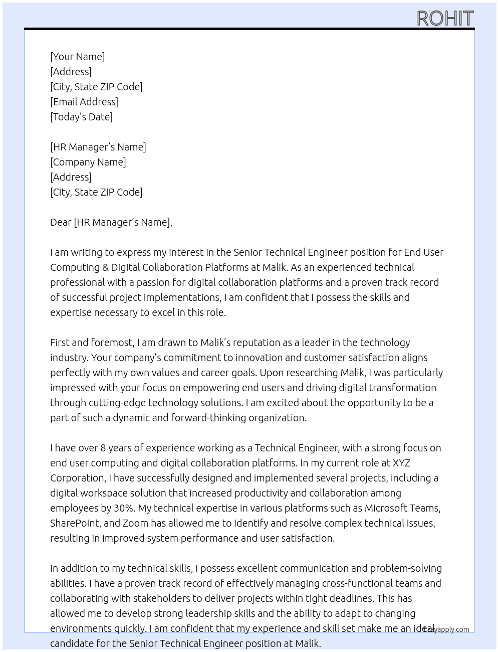 Senior Technical Engineer - End User Computing & Digital Collaboration Platforms At Malik Cover Letter