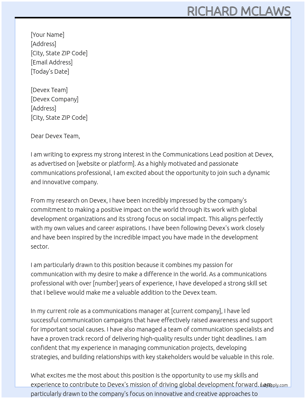 Communications Lead At Devex Cover Letter