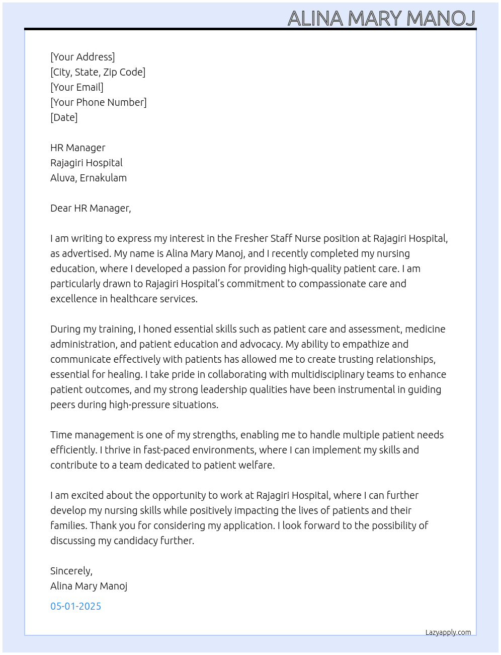 Cover letter for fresher staff nurse - LazyApply