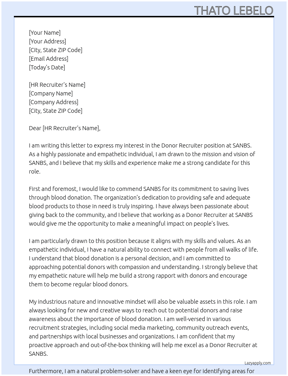 Donor recruiter At SANBS Cover Letter