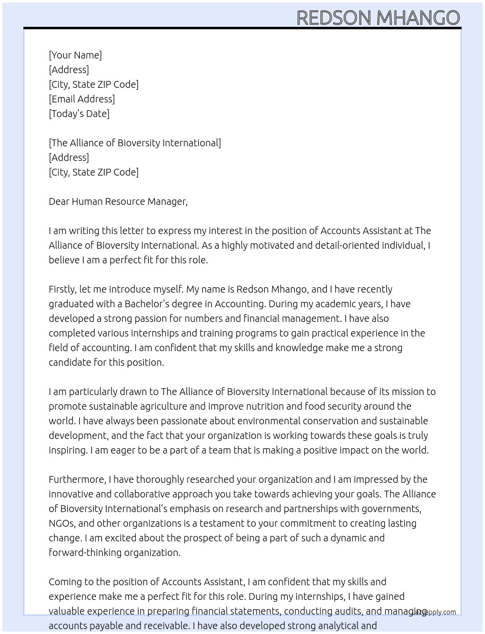 Accounts Assistant At The Alliance of Bioversity International Cover Letter
