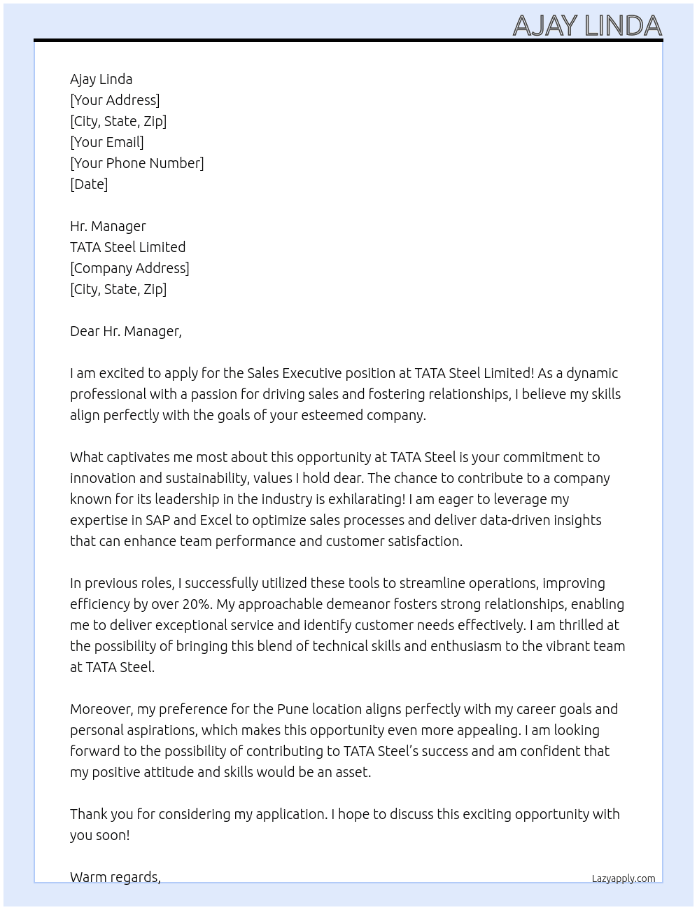 Sales executive At TATA steel limited Cover Letter