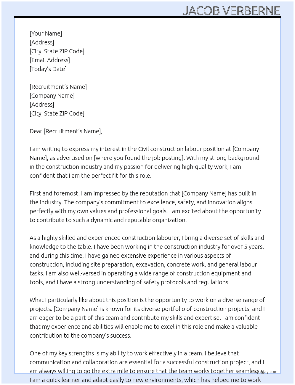 Civil construction labour At one staff Cover Letter