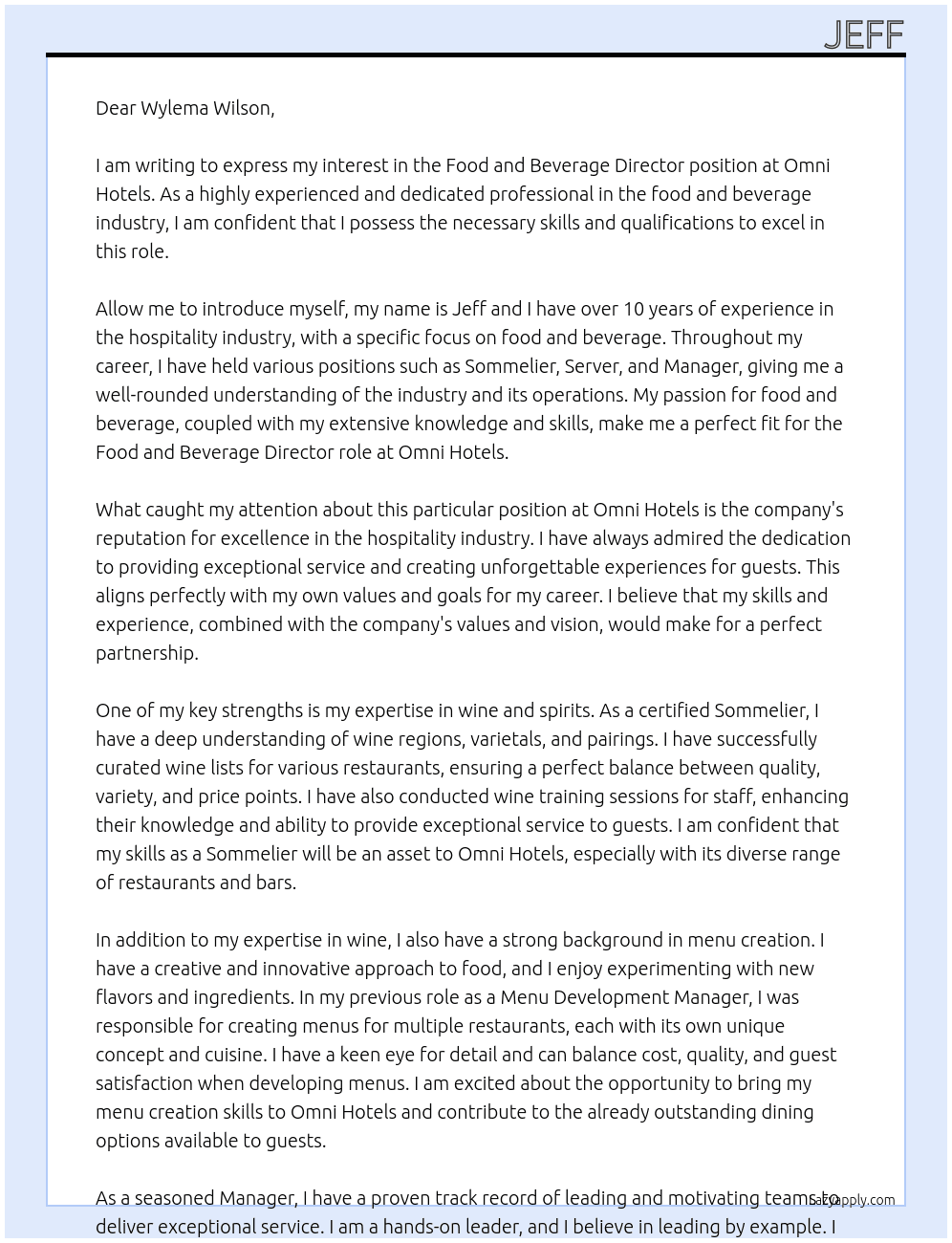 Food and beverage director  At Omni hotels  Cover Letter