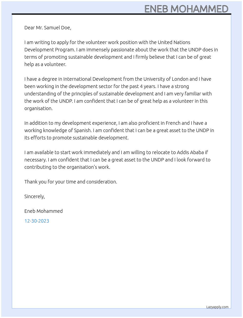 Volunteer work At United Nations Development Program  Cover Letter